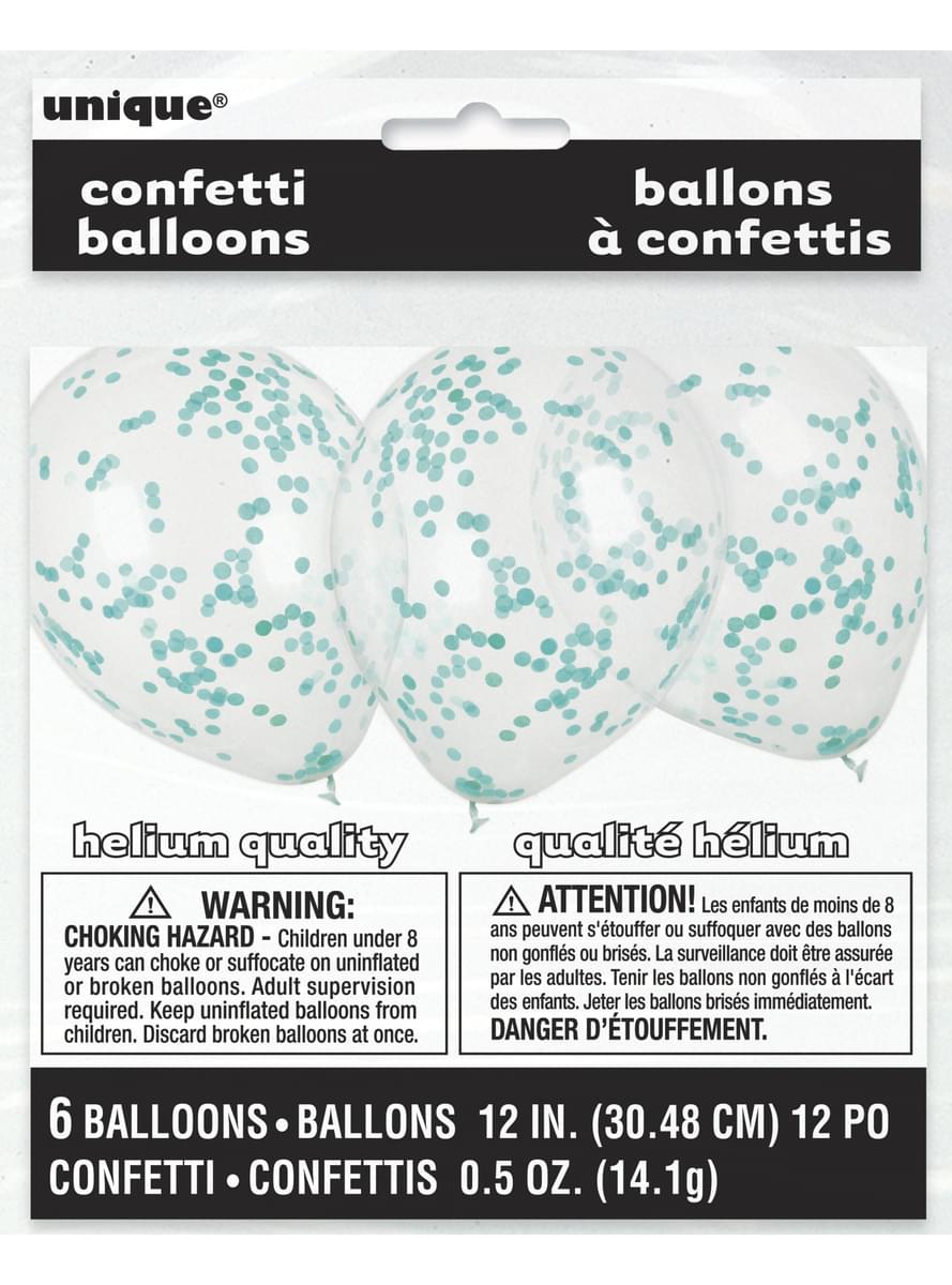 6 Luftballons mit Konfetti blau-türkis (30cm) - Basicfarben Collection