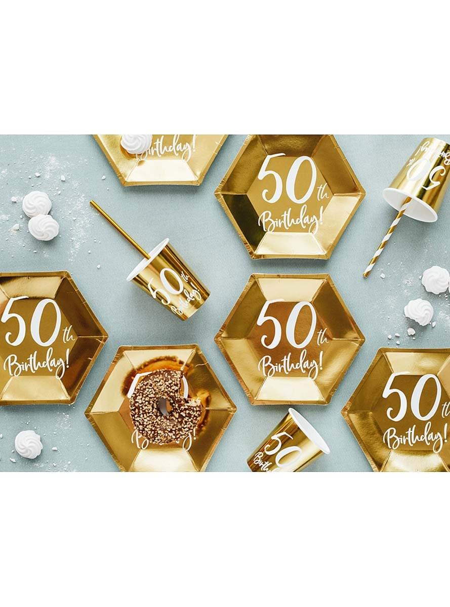 6 Gold 50th Birthday Plates (20 cm)