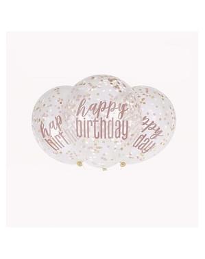 6 “Happy Birthday” Rose Gold Confetti Balloons