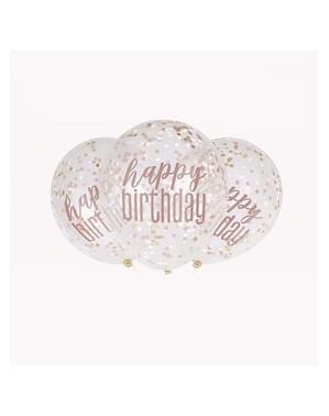 6 ”Happy Birthday” Ruusukultaiset Konfetti-Ilmapallot