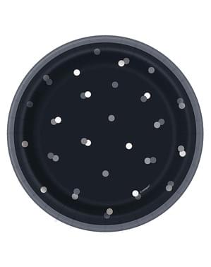 8 Small Black “Happy Birthday” Plates (18 cm)- Black & Silver Glitz