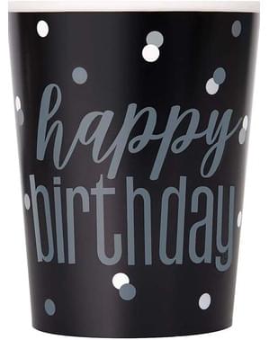 8 černých kelímků “Happy Birthday” - Black & Silver Glitz