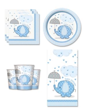 Blå Baby Shower Festdekorasjoner for 8 Personer - Umbrellaphants Blue