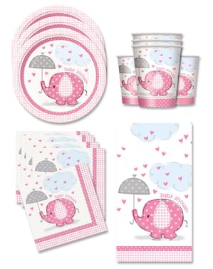 Różowe Dekoracje imprezowe Baby Shower na 16 osób - Umbrellaphants Pink