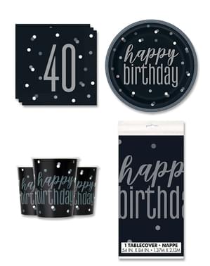 40th Birthday Party Decorations for 8 People - Black & Silver Glitz