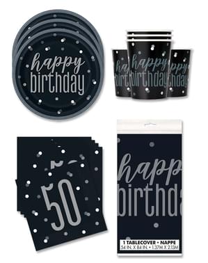 50e verjaardag Feestdecoraties voor 16 personen - Black & Silver Glitz