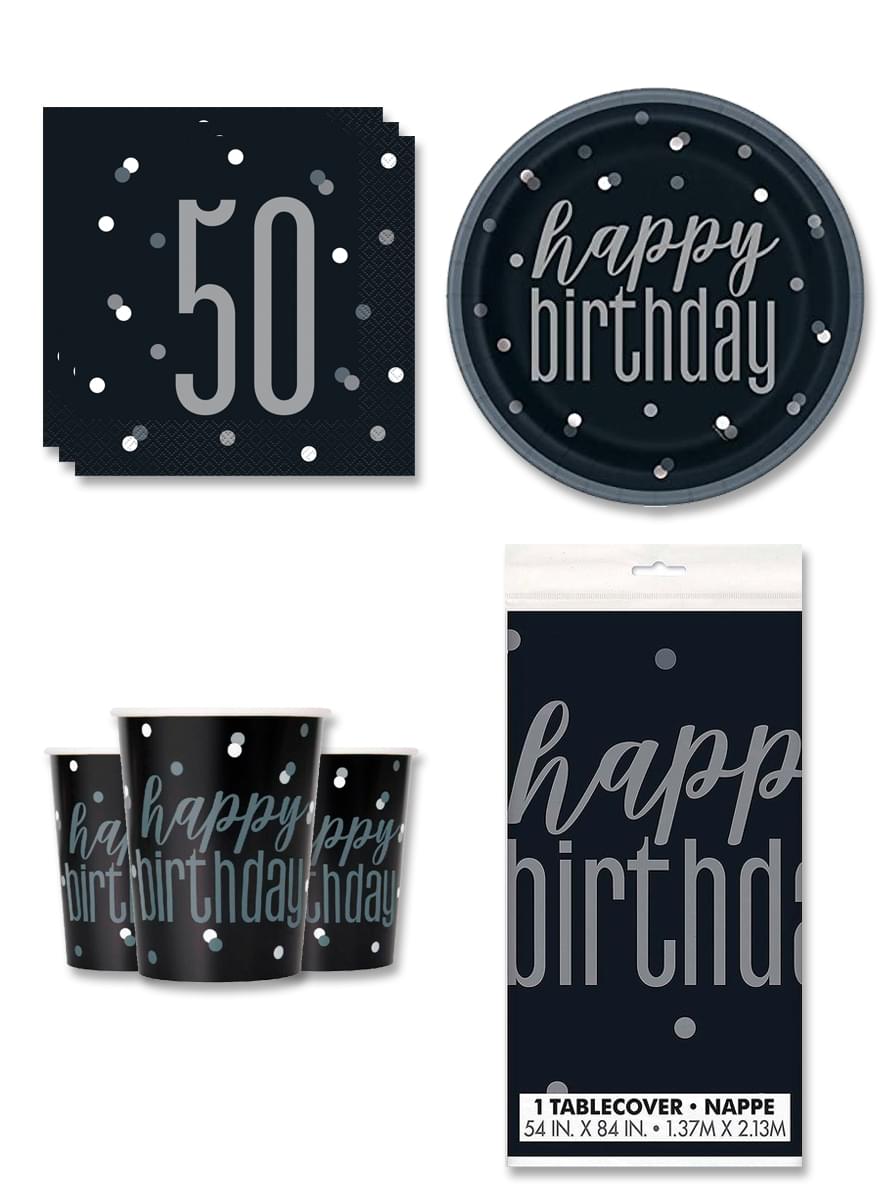 50th Birthday Party Decorations for 8 People - Black & Silver Glitz