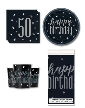 50th Birthday Party Decorations for 8 People - Black & Silver Glitz