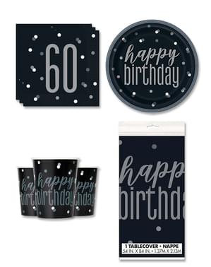 60th Birthday Party Decorations for 8 People - Black & Silver Glitz