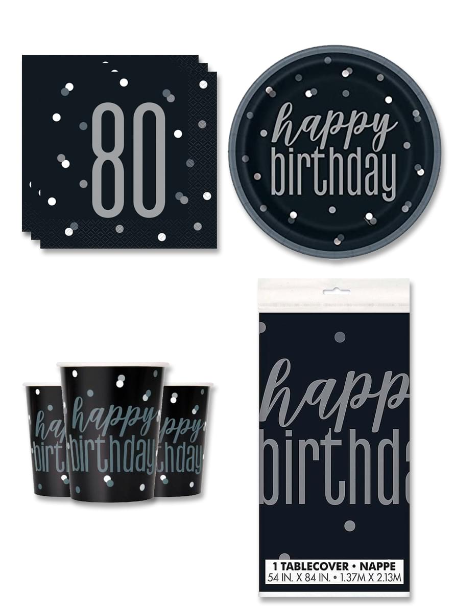 80 års Fødselsdagsdekorationer til 8 personer - Black & Silver Glitz