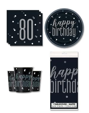 80th Birthday Party Decorations for 8 People - Black & Silver Glitz