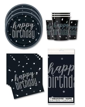 “Happy Birthday” Feestdecoratiesvoor 16 personen - Black & Silver Glitz