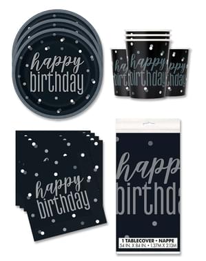 Party dekorace “Happy Birthday” pro 16 lidí - Black & Silver Glitz