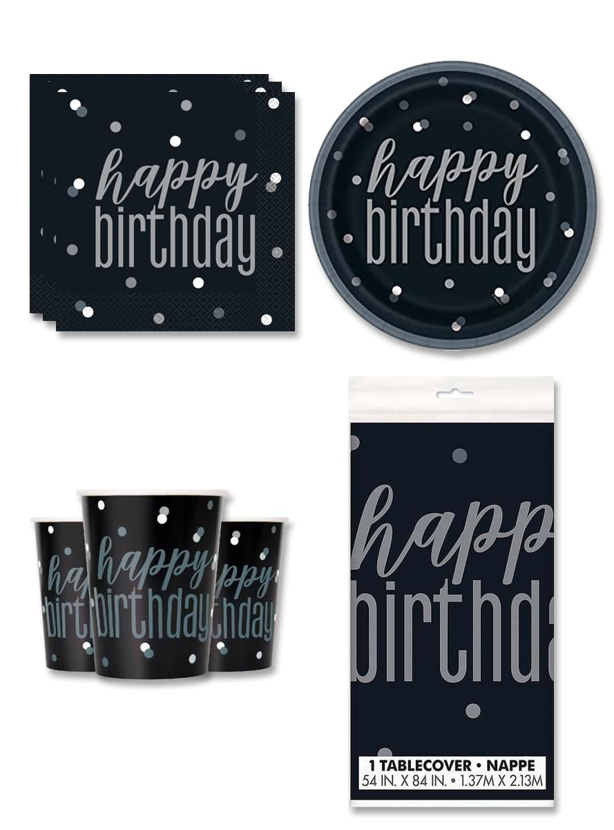 Party dekorace “Happy Birthday” pro 8 lidí - Black & Silver Glitz