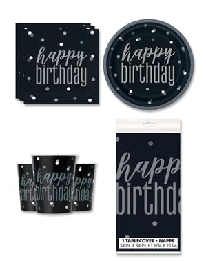 “Happy Birthday” Festdekorationer til 8 personer - Black & Silver Glitz