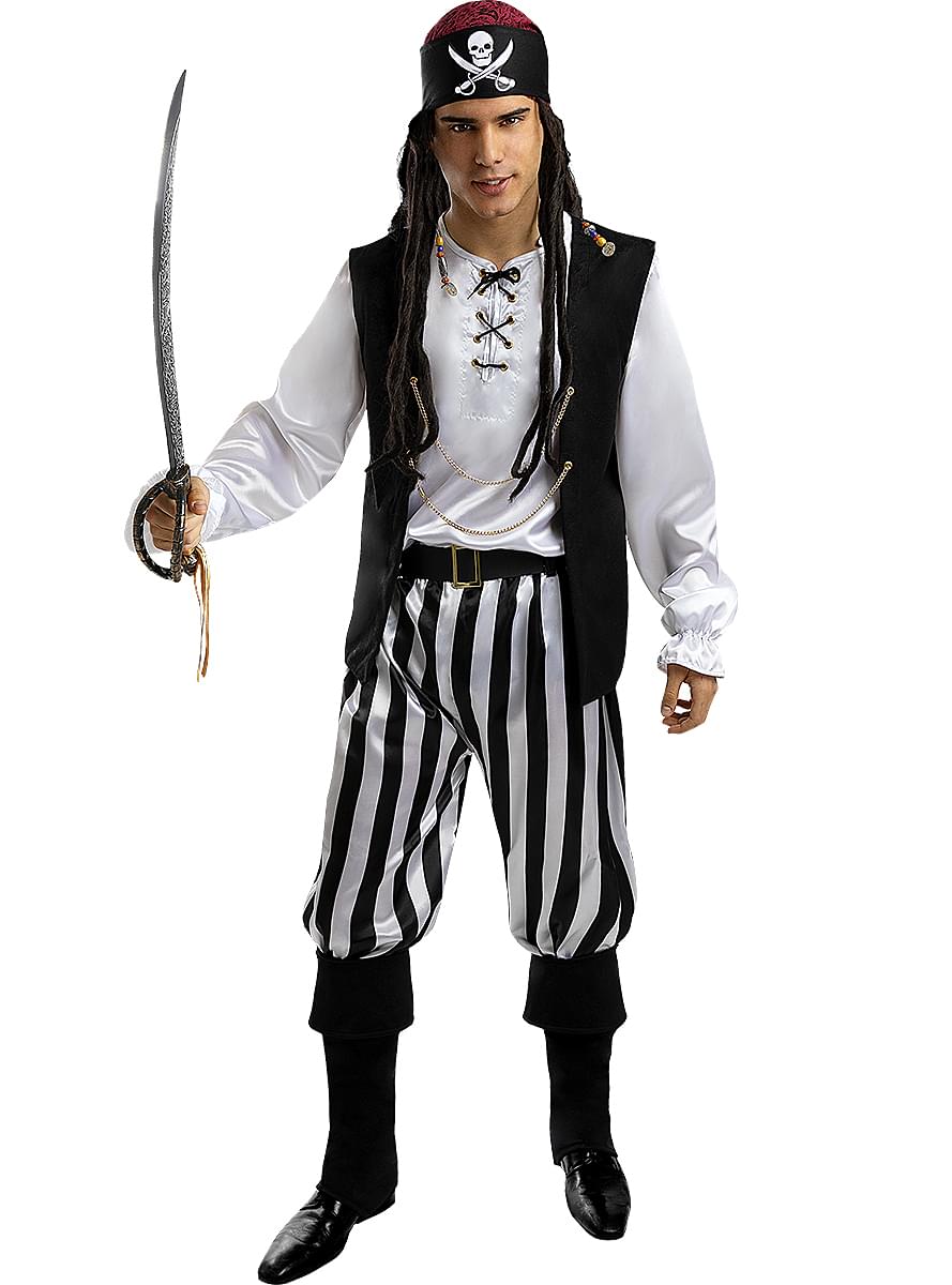 Costume da pirata a strisce da uomo taglie forti Collezione bianca e nera. Consegna 24h Costume da pirata a strisce da uomo taglie forti Collezione bianca e nera. Consegna 24h