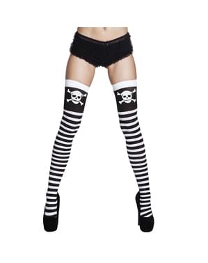 Collants rayures blanches et noires tête de mort femme