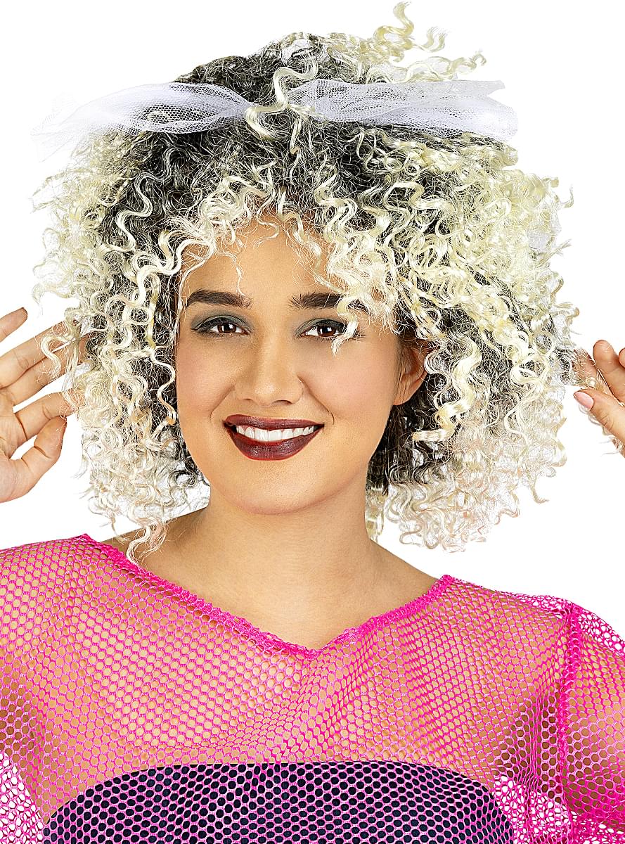 80s Style Blonde Wig with Bow