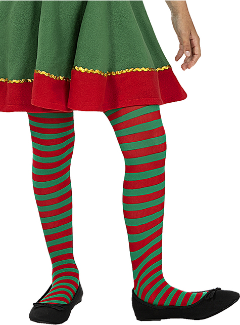 Red and Green Striped Elf Tights for Girls