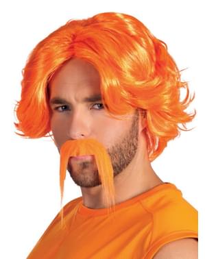 Oranje pruik en snor voor mannen