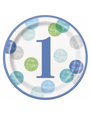 8 eerste verjaardag blauwe borden (23 cm) - blauwe stippen 1e verjaardag