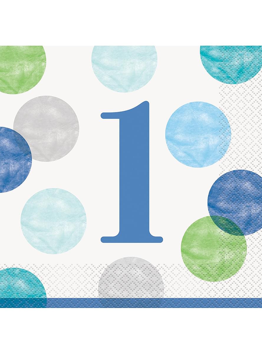 16 modrých ubrousků First Birthday (33 x 33 cm) - Blue Dots 1st Birthday