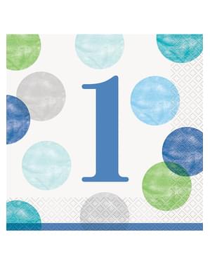 16 modrých ubrousků First Birthday (33 x 33 cm) - Blue Dots 1st Birthday
