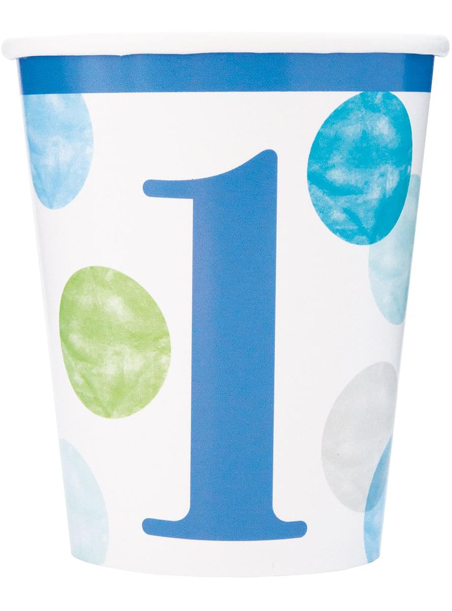 8 gobelets premier anniversaire bleues - Blue Dots 1st Birthday