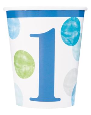 8 vasos de primer cumpleaños azules - Blue Dots 1st Birthday