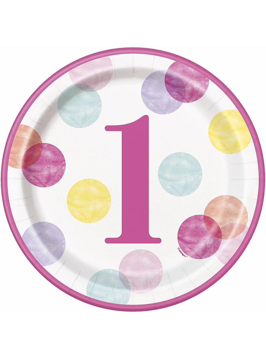 8 růžových talířů First Birthday (23 cm) - Pink Dots 1st Birthday