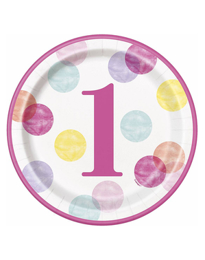 8 eerste verjaardag roze borden (23 cm) - roze stippen 1e verjaardag