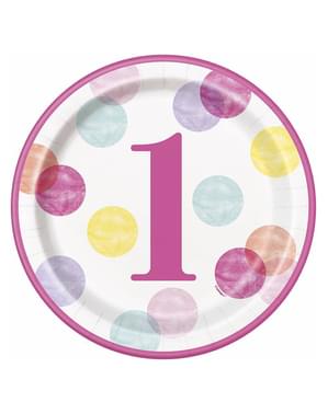 8 rosa tallerkener med bursdag (23 cm) - Pink Dots 1st Birthday
