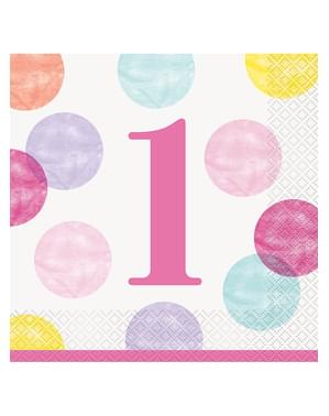 16 сервирания за първи рожден ден розови (33x33 см) - Pink Dots 1st Birthday