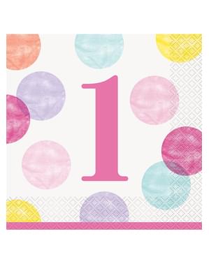 16 růžových ubrousků First Birthday (33 x 33 cm) - Pink Dots 1st Birthday