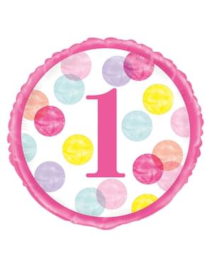 Фолиен балон (46 см) розов 1-ви рожден ден - Pink Dots 1st Birthday