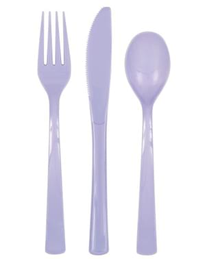 6 garfos, 6 colheres e 6 facas de plástico de cor lilás