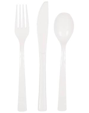 6 furculițe de plastic alb, 6 linguri și 6 cuțite