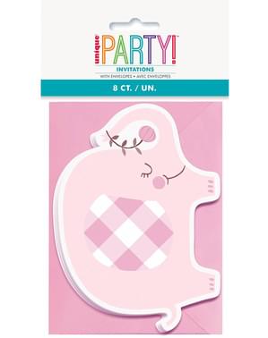 8 הזמנות למסיבת לידה לתינוקות פיל ורוד - Pink Floral Elephant