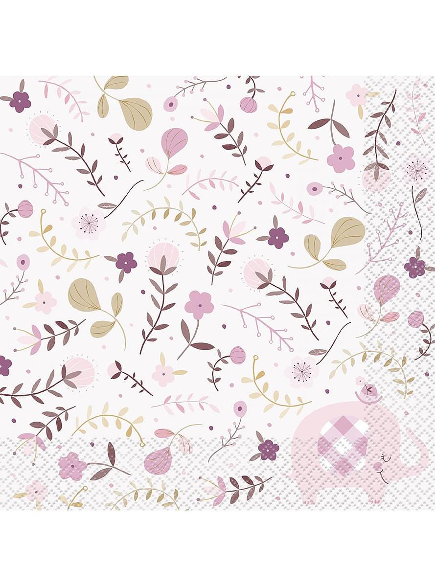 16 guardanapos rosa baby shower (33x33cm) - Pink Floral Elephant
