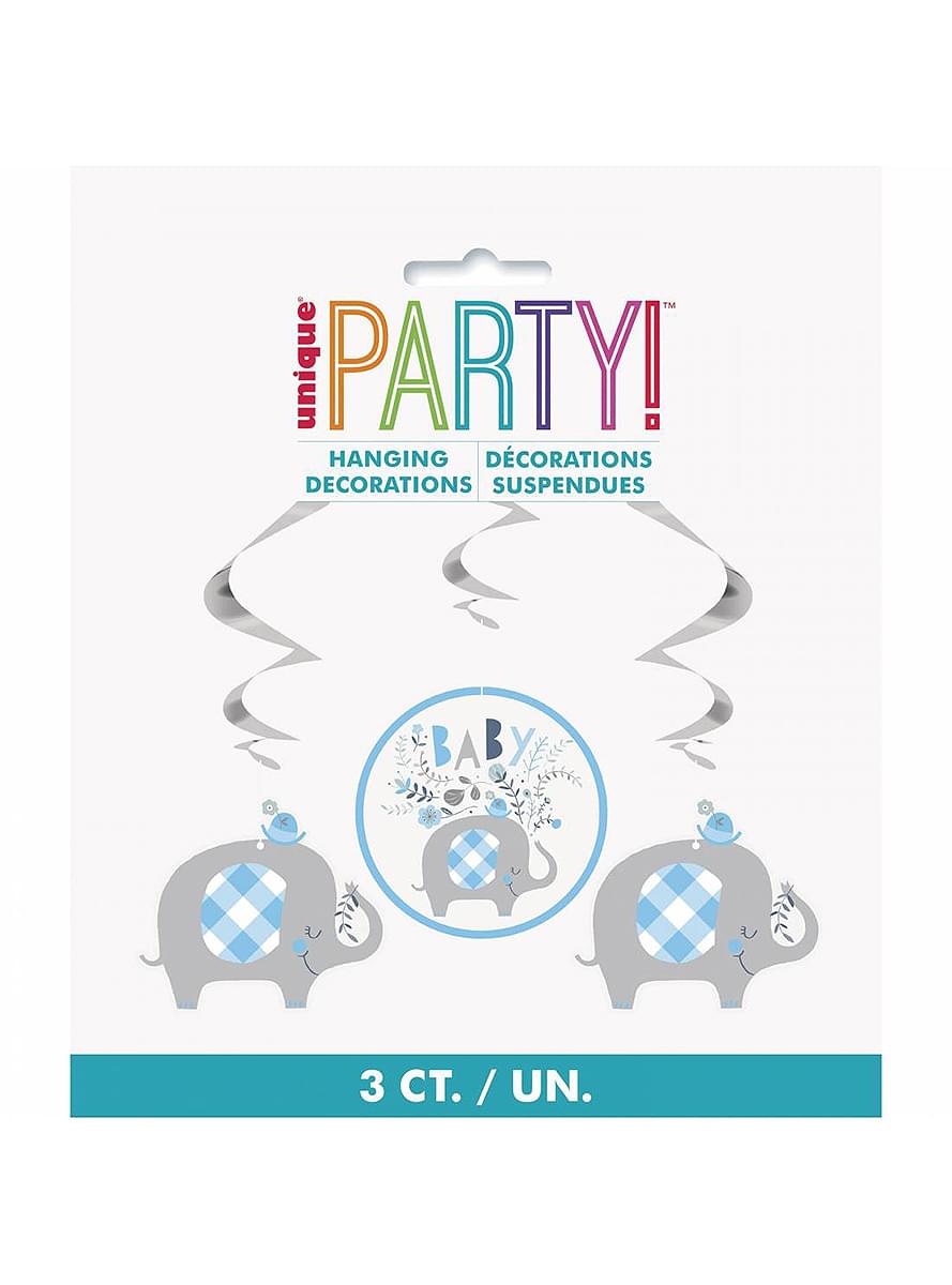 Комплет од 3 плавих висећих спирала са слоновима за Baby Shower - Плави цветни слон