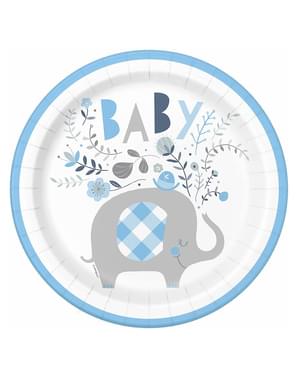 8 πιάτα ελέφαντα μπλέ baby shower (23 εκ.) - Μπλέ λουλούδι ελέφαντα