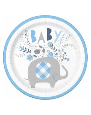 8 Blue Elephant Baby Shower Plates (23 cm) - Blue Floral Elephant