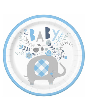 8 platos elefante azul baby Shower (23 cm) - Blue Floral Elephant
