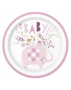 8 talířů baby shower růžový slon (23 cm) - Pink Floral Elephant