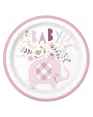 Talerze Różowy Słoń Baby Shower x8 (23cm) - Pink Floral Elephant