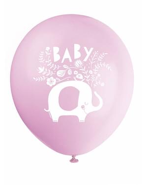 8 розовых латексных шариков с изображением слоника для baby shower (32 см) - Pink Floral Elephant