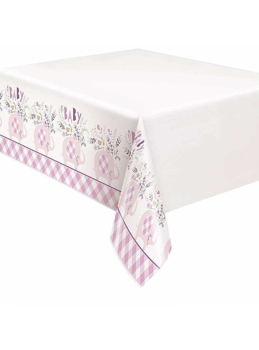 Roze Olifant Baby Shower Tafelkleed - Roze Bloemen Olifant
