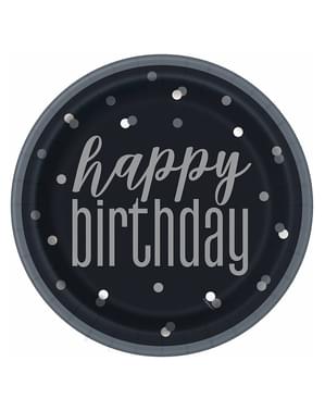 8 svarte “Happy Birthday” tallerkener (23 cm) - Black & Silver Glitz
