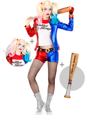 Harley Quinn Kostüm für Damen mit Perücke und aufblasbarem Schläger - Suicide Squad
