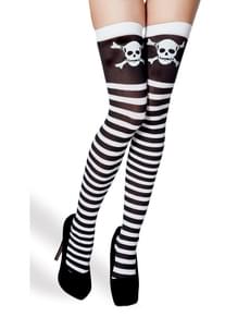 Woman's Black and White Striped Stockings with Skulls